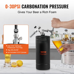 Stainless steel 128oz mini keg growler tap system with a built-in handle and adjustable pressure knob.