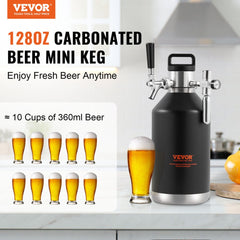 Stainless steel 128oz beer growler tap system with a handle and adjustable pressure knob.