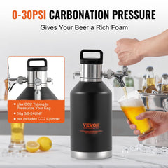 Stainless steel 128oz beer growler tap system with adjustable pressure knob and built-in handle.