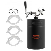 Black 5L stainless steel beer growler with tap, CO2 regulator, hoses, and seals.