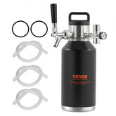 64oz stainless steel pressurized beer growler with tap system, black finish, handle, and CO2 regulator.