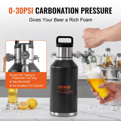 64oz stainless steel pressurized beer growler with tap system, CO2 regulator, and draft pour into glass.
