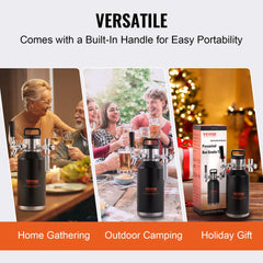 Bostome 64oz stainless steel pressurized beer growler tap system with handle, shown in home, camping, and gift scenes.
