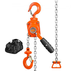 Orange 1/2-ton manual lever chain hoist with 10 ft G80 steel chain, hook, and storage bag.