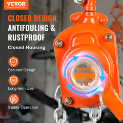 Orange VEVOR 1/2-ton manual lever chain hoist with closed housing, G80 steel chain, and secure brake.