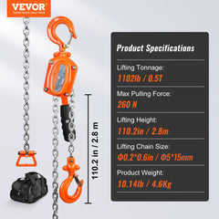 Orange 1/2-ton manual lever chain hoist with 10 ft G80 steel chain and hook.