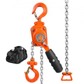 Orange 1/4 ton manual lever chain hoist with 5 ft lift chain, black handle, and storage bag.