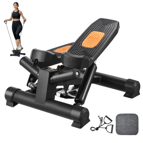Compact hydraulic stair stepper with non-slip pedals and resistance bands for home workouts.