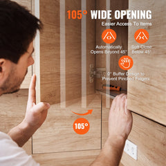 Man using partial overlay soft close cabinet door hinges with 105-degree wide opening.