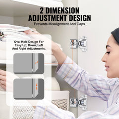 Close-up of soft close cabinet hinges with 2D adjustment design and oval holes for easy alignment.