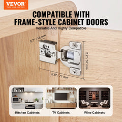 Pack of 50 Bostome partial overlay soft close cabinet hinges for frame-style doors, shown installed with dimensions.