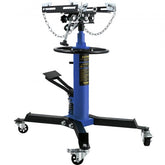 Hydraulic telescoping transmission jack with a lift range of 33"-67" and 1100 lbs capacity.