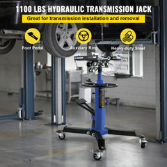 Hydraulic telescoping transmission jack with 1100 lbs capacity and adjustable lift from 33" to 67".