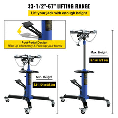 Hydraulic telescoping transmission jack with 1100 lbs capacity and adjustable saddle.