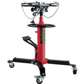 Red steel hydraulic transmission jack with 1100 lbs capacity, pedal lift, and swivel casters.