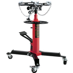 Red steel hydraulic transmission jack with 1100 lbs capacity, adjustable saddle, and swivel casters.