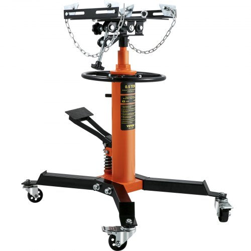 Orange steel hydraulic telescopic transmission jack with adjustable saddle and swivel casters.