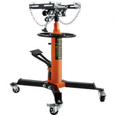 Orange steel hydraulic telescopic transmission jack with adjustable saddle and swivel casters.