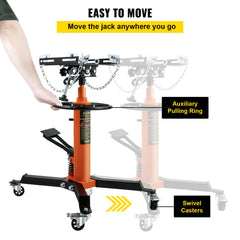 Orange steel hydraulic telescopic transmission jack with adjustable saddle and swivel casters.