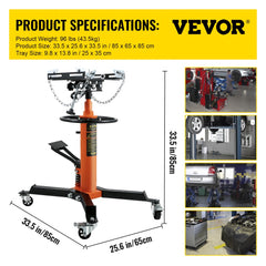 Orange steel hydraulic telescopic transmission jack with adjustable saddle and swivel casters.