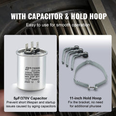 Furnace blower motor kit with 5μF/370V capacitor and 11-inch hold hoop bracket.