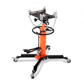 Orange and black hydraulic transmission jack with 360-degree swivel wheels and adjustable saddle.