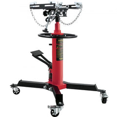 Red steel hydraulic telescopic transmission jack with 1322 lbs capacity, foot pedal, adjustable saddle, and swivel casters.