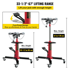Red steel hydraulic transmission jack with 1322 lbs capacity, 33.5-67 inch lift range, foot pedal, and swivel casters.