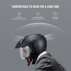 Bostome 3/4-face motorcycle helmet with Bluetooth, transparent lens, and multiple vents.