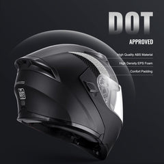 Black DOT-approved motocross helmet with ABS shell, EPS foam, vents, and Bluetooth slot.