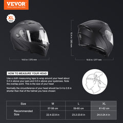 Black Bostome Unmasked motocross helmet with flip-up visor, vents, and size chart.