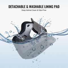 Removable and washable helmet lining pad being rinsed under water.