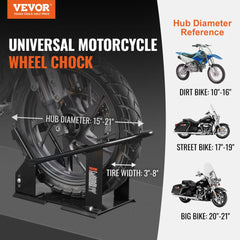 Heavy-duty steel motorcycle wheel chock with adjustable cradle for 15-21 inch wheels and 3-8 inch tire widths.
