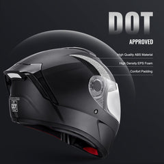 Black full-face motocross helmet with DOT approval, ABS shell, EPS foam, and Bluetooth slot, size XL.