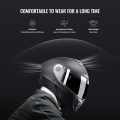 Black full face motocross helmet with clear visor and Bluetooth, DOT approved XL size.