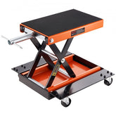 Bostome 1100 LBS motorcycle scissor lift jack with a wide non-slip deck and mobile design.