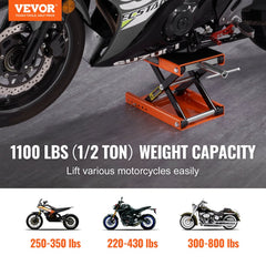 Orange 1100 lbs motorcycle scissor lift jack with wide deck and safety pin, shown lifting a sport bike.