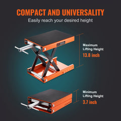 Orange scissor lift jack for motorcycles with black deck, showing heights from 3.7 to 13.8 inches.