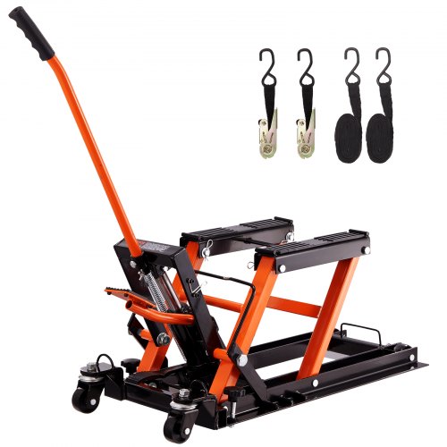 Black and orange steel hydraulic motorcycle jack stand with 1500 lbs capacity and 4.7-15 inch lift range.