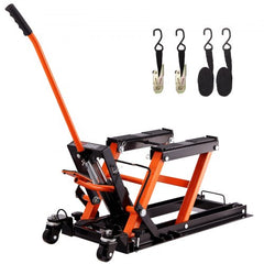 Black and orange steel hydraulic motorcycle jack stand with 1500 lbs capacity and 4.7-15 inch lift range.