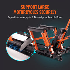 Orange steel hydraulic motorcycle jack stand with 3-position safety pin and non-slip platform, lifting 4.7-15 inches.