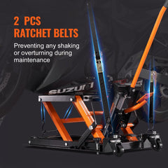 Steel hydraulic motorcycle jack stand with 1500 lbs capacity, 4.7-15 inch lift range, and ratchet belts.