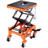 Orange hydraulic motorcycle lift table with wide black non-slip deck and locking casters.