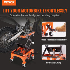 Orange hydraulic motorcycle lift table with wide deck, foot pedal, and wheels for lifting bikes up to 350 lbs.