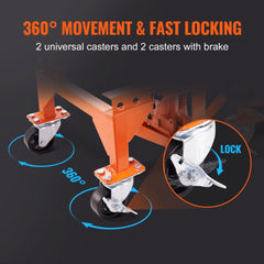 Orange hydraulic motorcycle lift table with 360-degree casters and brakes.