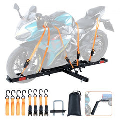 Steel motorcycle hitch carrier with ramp, ratchet straps, and storage bag.