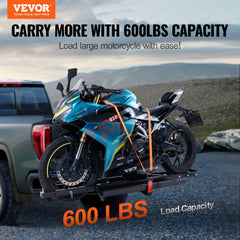 Steel motorcycle hitch carrier with ramp, loaded with blue sport bike on truck hitch, 600 lbs capacity.