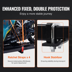 Steel motorcycle hitch carrier with ramp, ratchet straps, and hook stabilizer for secure transport.