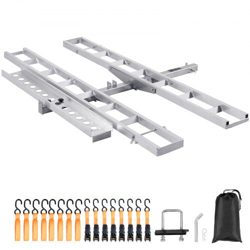 Silver aluminum motorcycle hitch carrier with dual rails, ramp, straps, and storage bag.