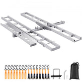 Silver aluminum motorcycle hitch carrier with dual rails, ramp, straps, and storage bag.